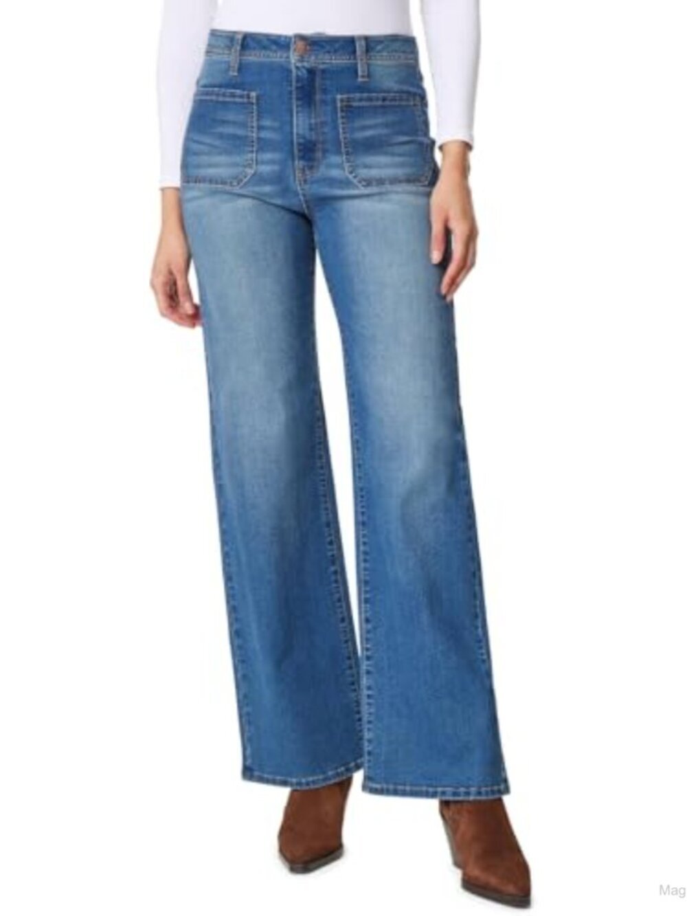 High Rise Wide Leg Patch Pocket Jeans 32" Inseam Stretch Denim